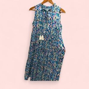 Flowy aqua confetti brushstrokes sleeveless maxi dress tassel tie neck tiered